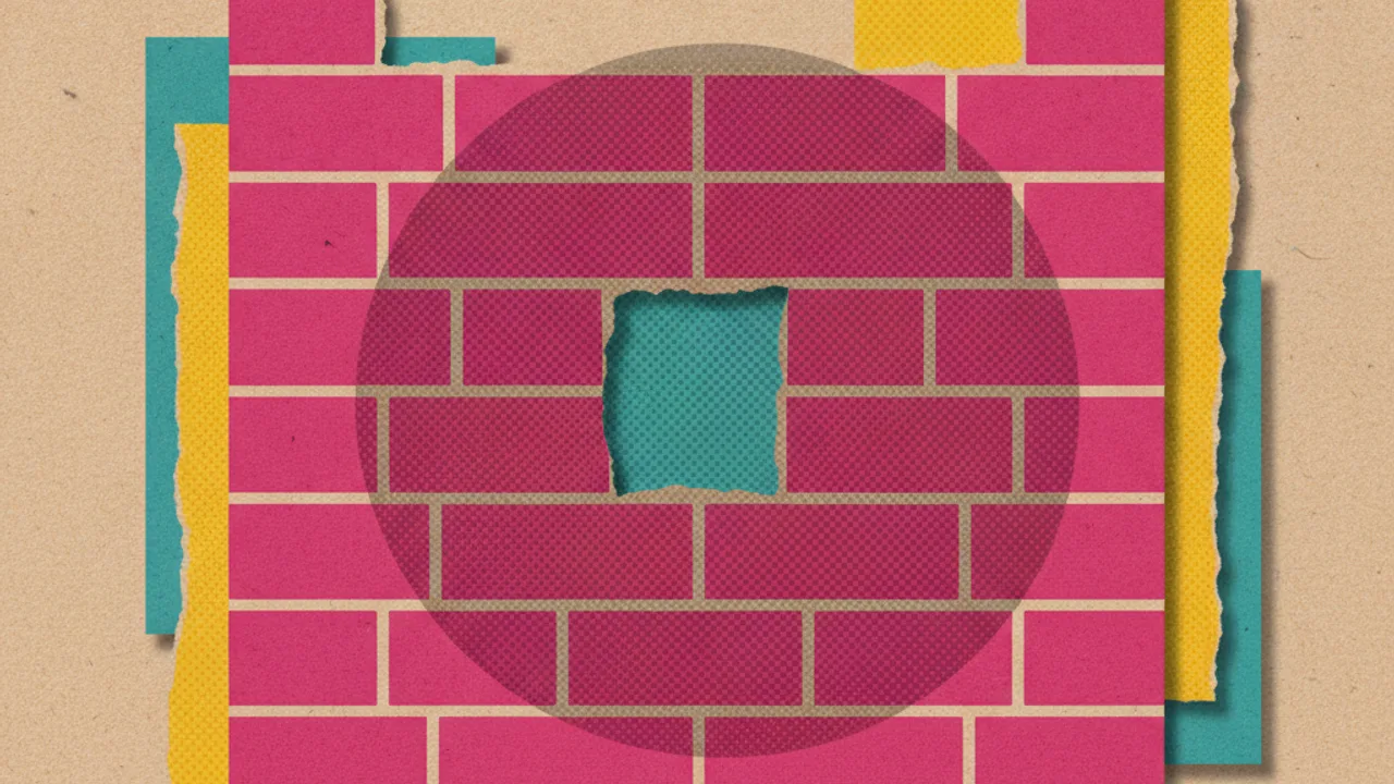 Kâğıttan magenta tuğla duvar, ortasında turkuaz bir açıklık, halftone kolaj