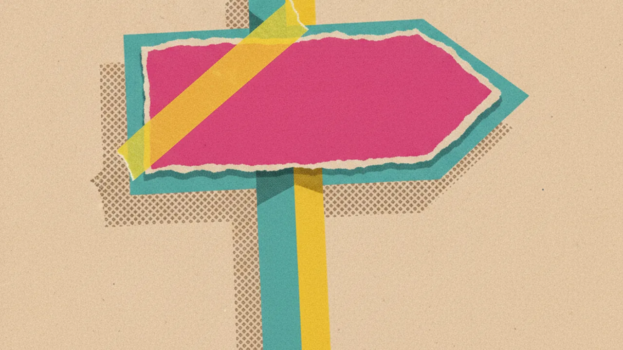 Kâğıttan yırtılmış magenta yön tabelası, sarı washi bant, halftone kolaj