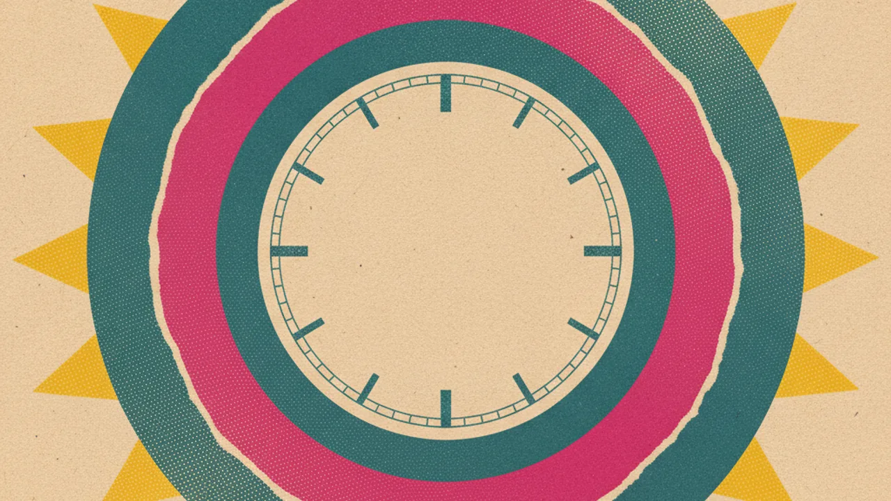 Yırtık kâğıttan boş kadranlı saat, magenta ve turkuaz katmanlar, halftone kolaj