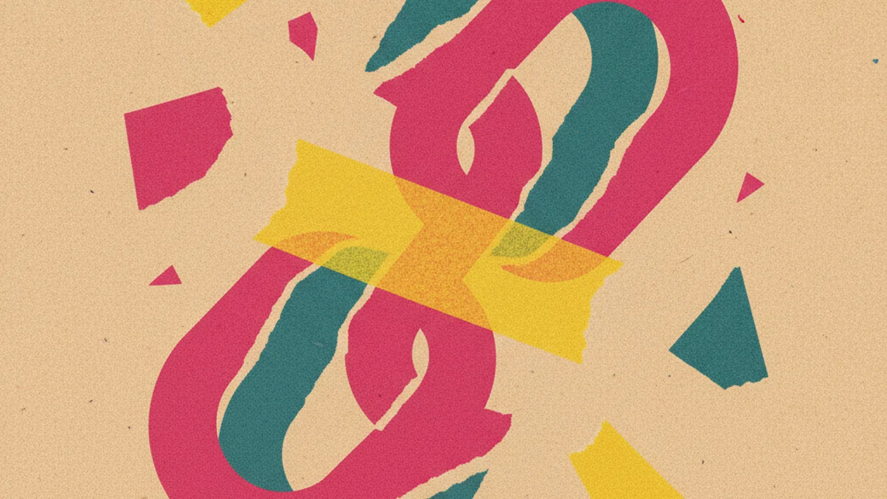 Kâğıttan kesilmiş kopuk zincir halkası, sarı bant, halftone kolaj